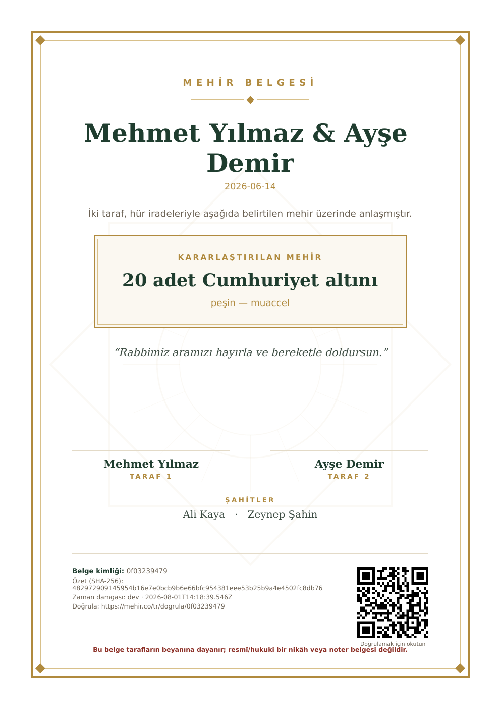 Üretilmiş mehir senedi örneğinin görüntüsü